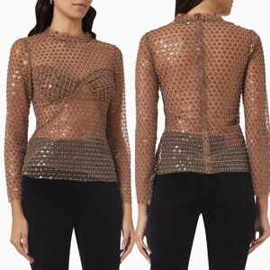 NWT Self-portrait Mesh Long Sleeve Top Dot Sequin Embellished Brown Sz 4